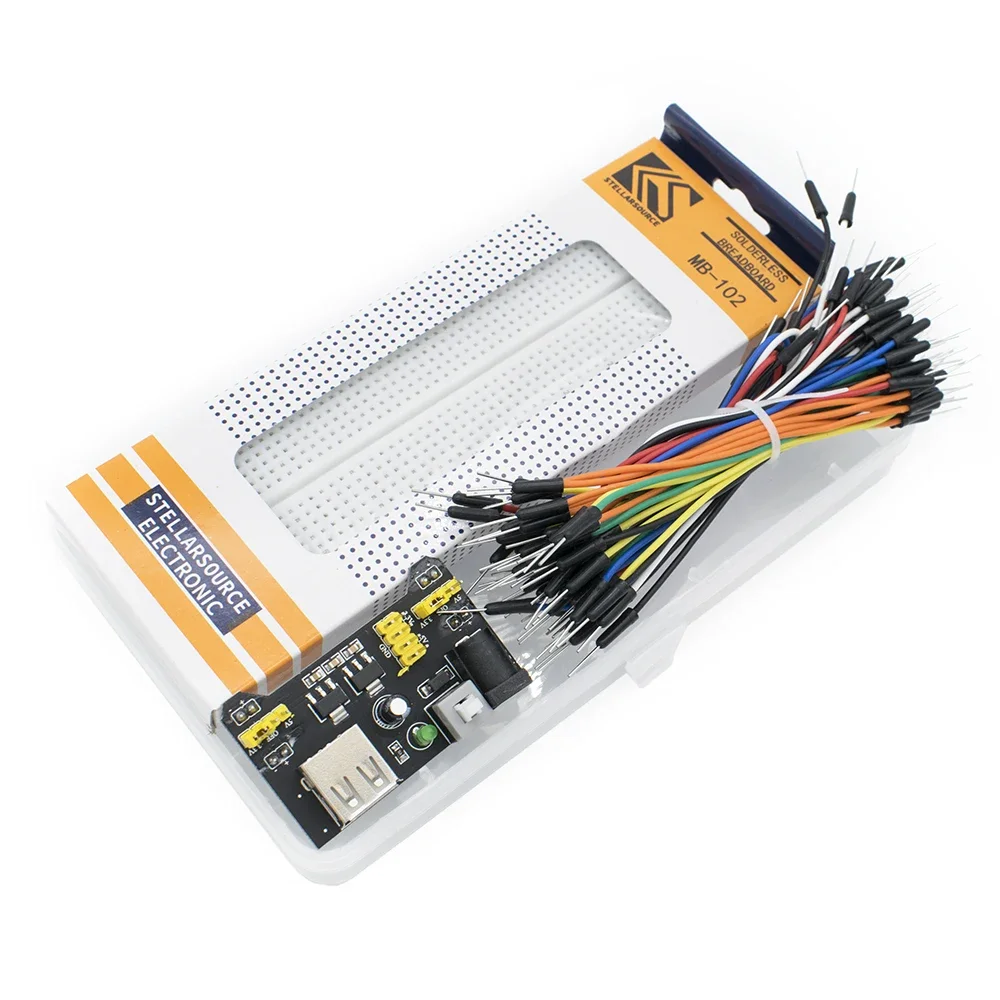 Módulo de alimentación de placa de pruebas MB102 de 3,3 V/5V + MB-102 kit de placa de pan prototipo sin soldadura de 830 puntos + 65 cables de puente flexibles