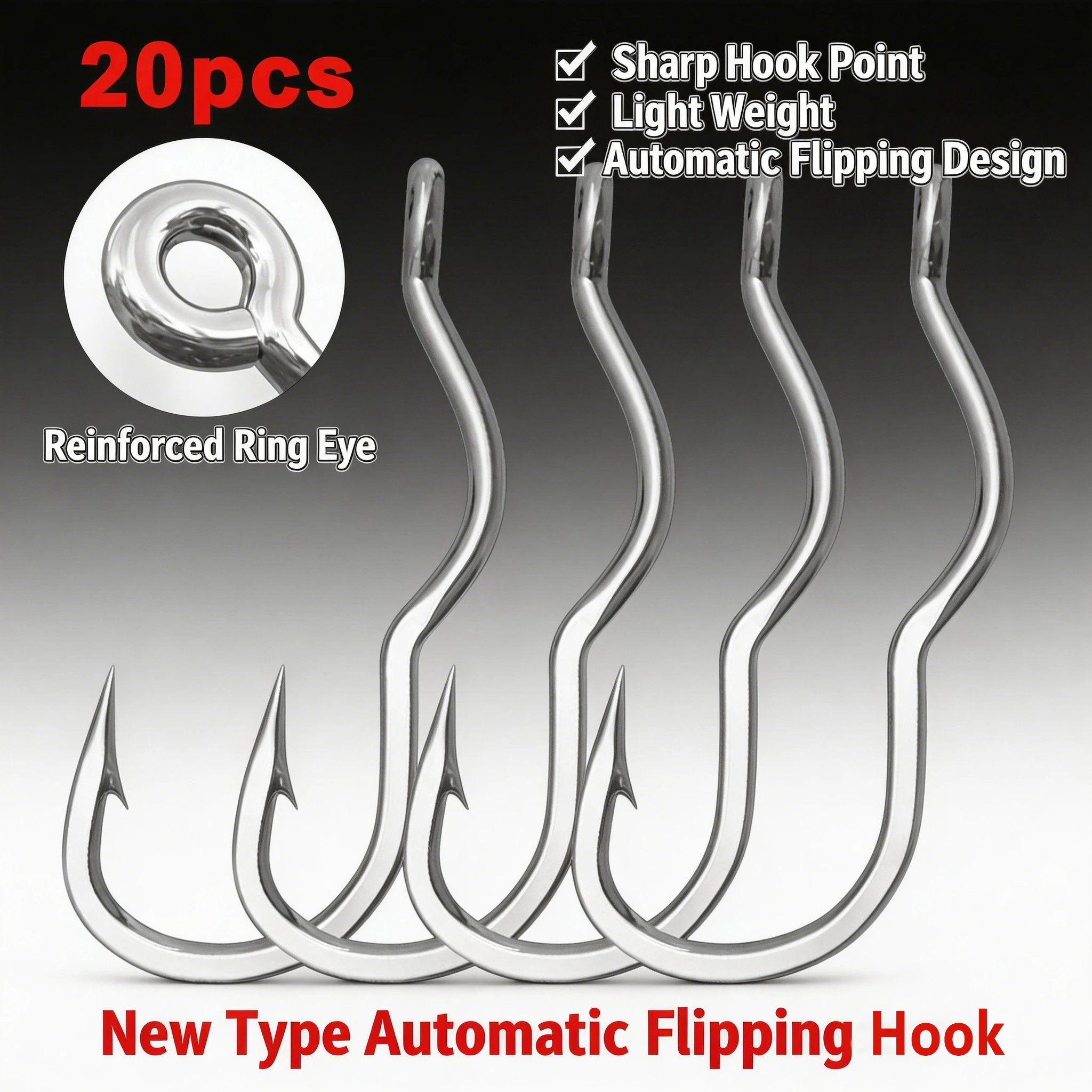 

20Pcs Automatic Flipping Fishing Hooks Sharp Barbed Hooks Light Weight Reinforced Ring Eye High Carbon Steel Fish Hooks