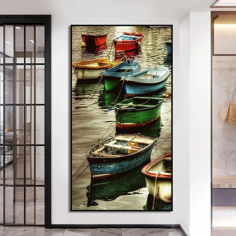Pintura en lienzo de velero negro, barcos de colores en el lago, póster de pared, imagen artística para decoración de pared del hogar y sala de estar