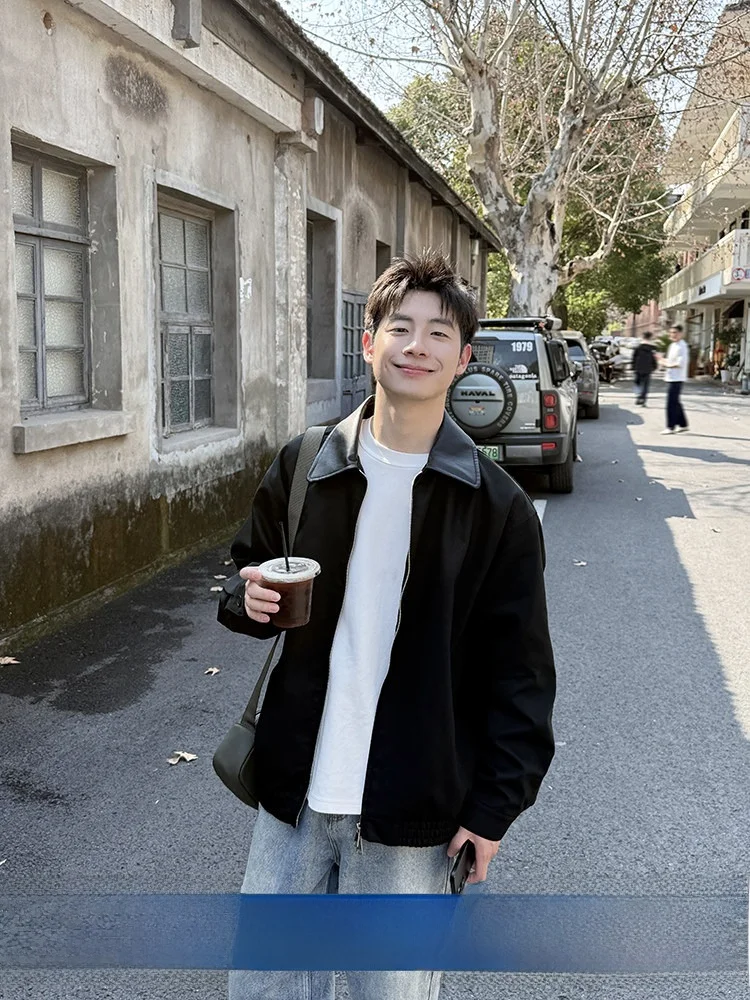 

Loose Fit Pure Cotton Collared Jaet for Men Spring Season New Sle American Retro Patchwork Leather Collar Casual Wear