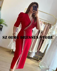 OIMG New Design Beading V-Neck Sheath Prom Dresses Arabic Women Ruched Half Sleeves Red  Gowns Formal Party Dress Customized