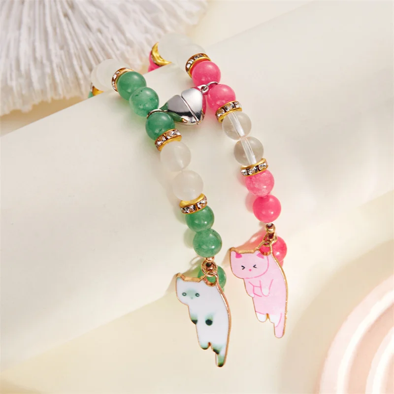 Passende magnetische Paar-Armbänder für Liebhaber, süßer Katzen-Anhänger, Freundschaftsschmuck, Naturstein-Perlen-Armreifen, Valentinstagsgeschenk – Detail 6