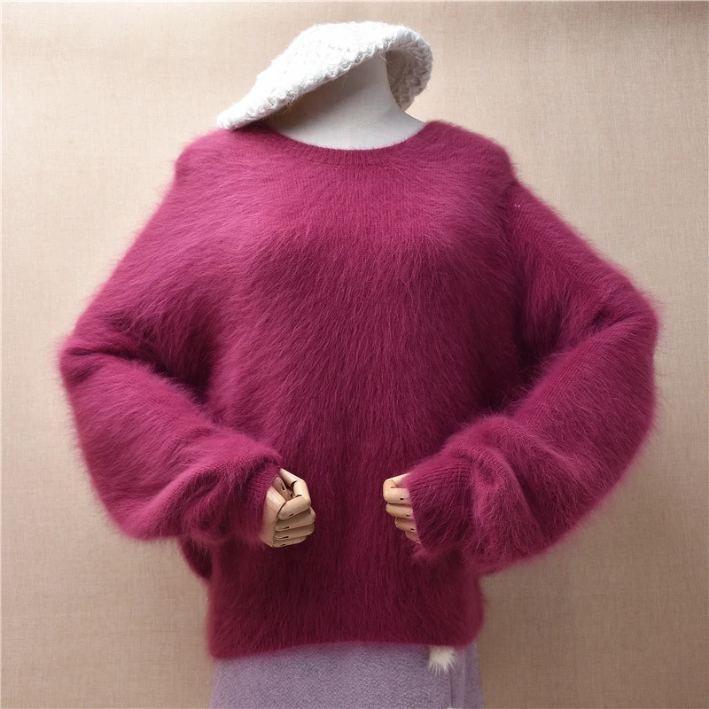 

Ladies Women Fall Winter Clothing Hairy Angora Rabbit Hair Knitted O-Neck Long batwing Sleeves Loose Pullover Sweater Jumper Top