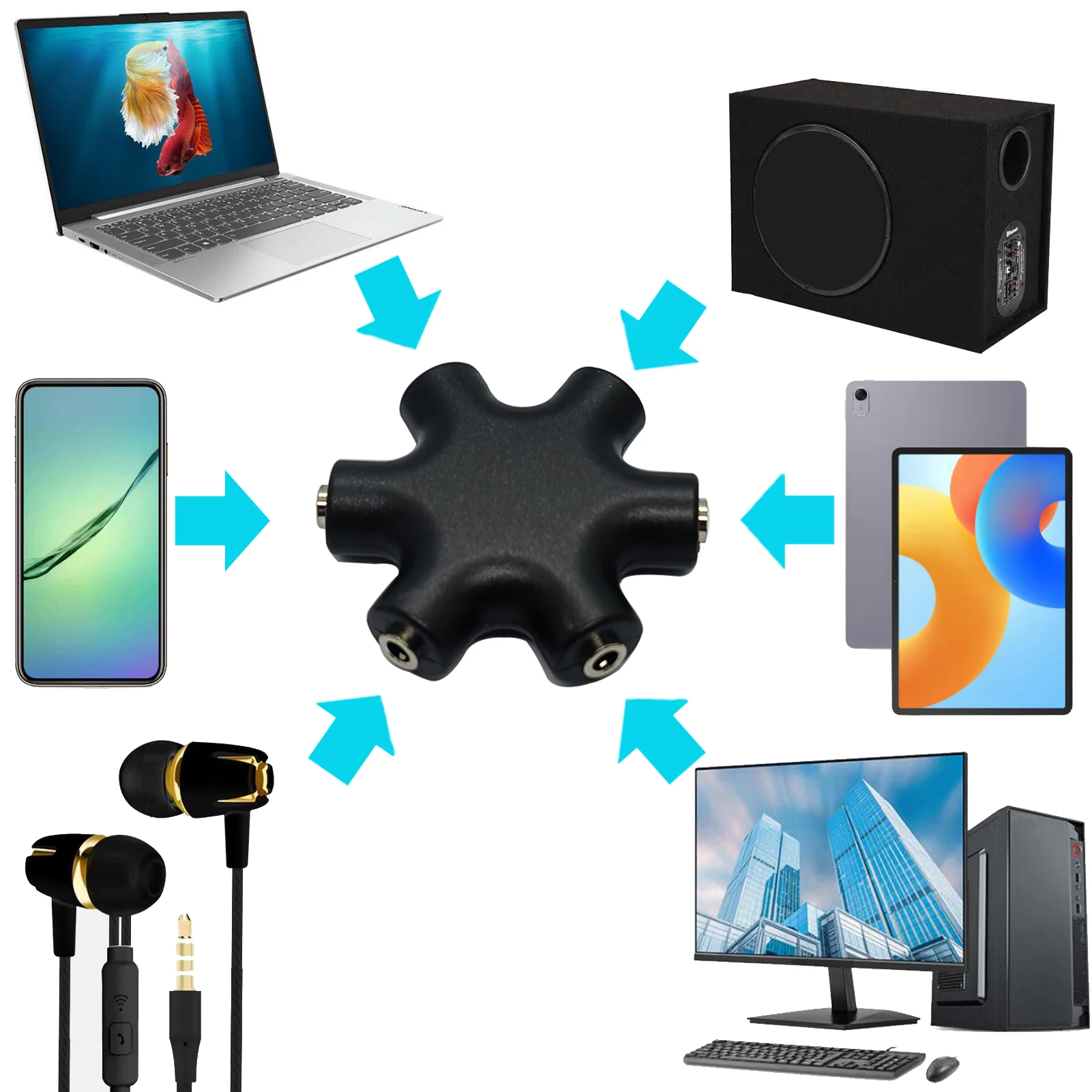 Multi Headphone Audio Splitter 3.5mm 5-Jack Female Connector Adapter with 3.5mm Stereo Cable 20cm Digital Audio Video Cables