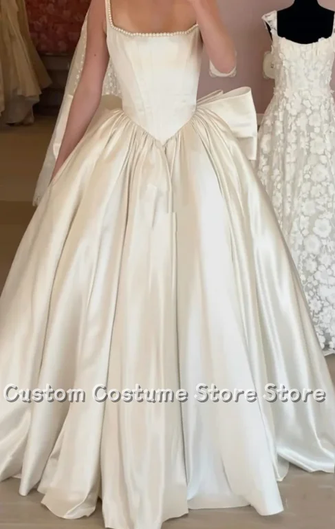 

Customized Elegant Gorgeous Beige Wedding Dress Spaghetti Strap Beaded Corset Corset A-Line Floor Length Pleated Hem Back Large