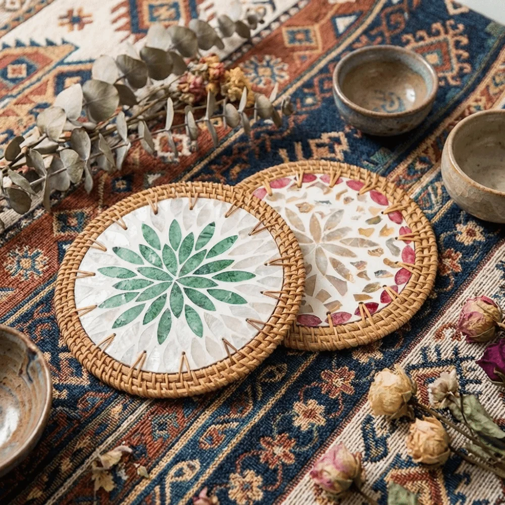 Decorative Handwoven Rattan Weaving Coaster Woven Texture Round Heat Insulation Pad Natural Teapot Mats Coffee Table