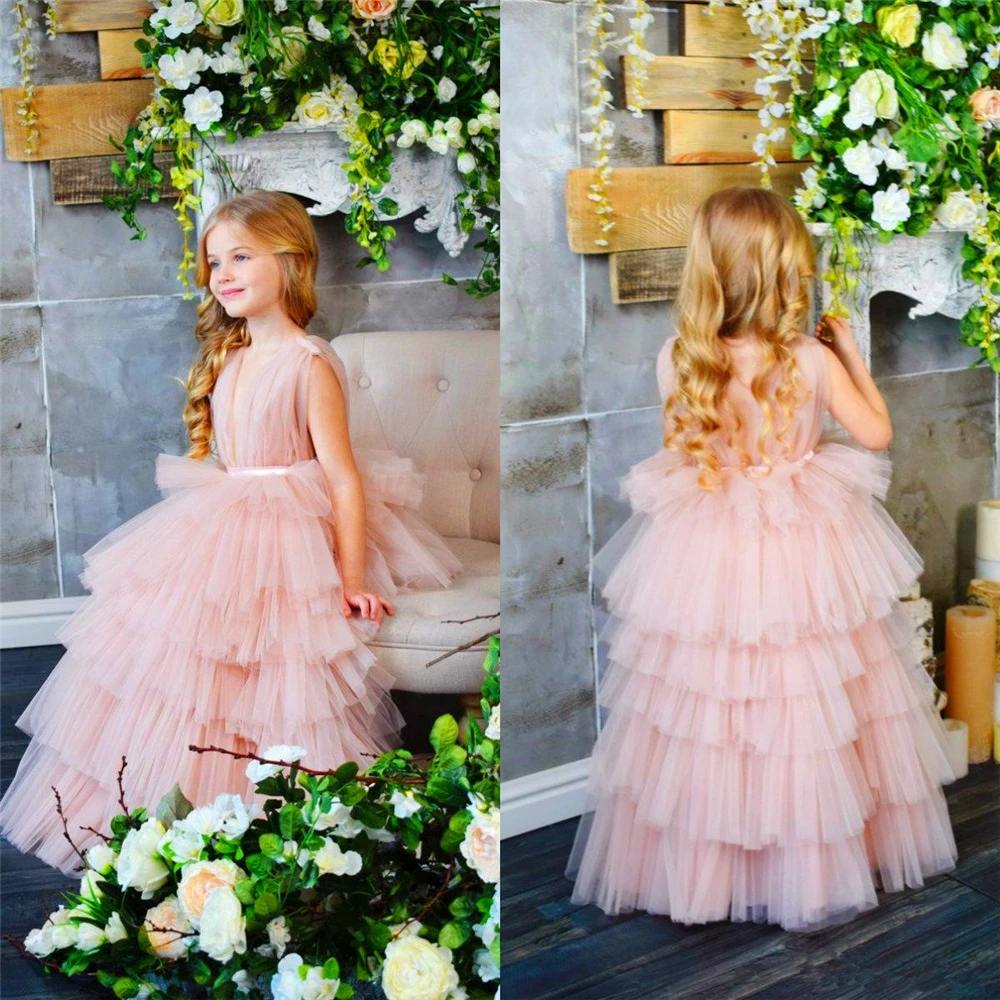 Puffy Tulle Flower Girl Dress For Wedding Pink Layered Sleeveless Pageant Elegant First Communion Dress Kids Party Ball Gown