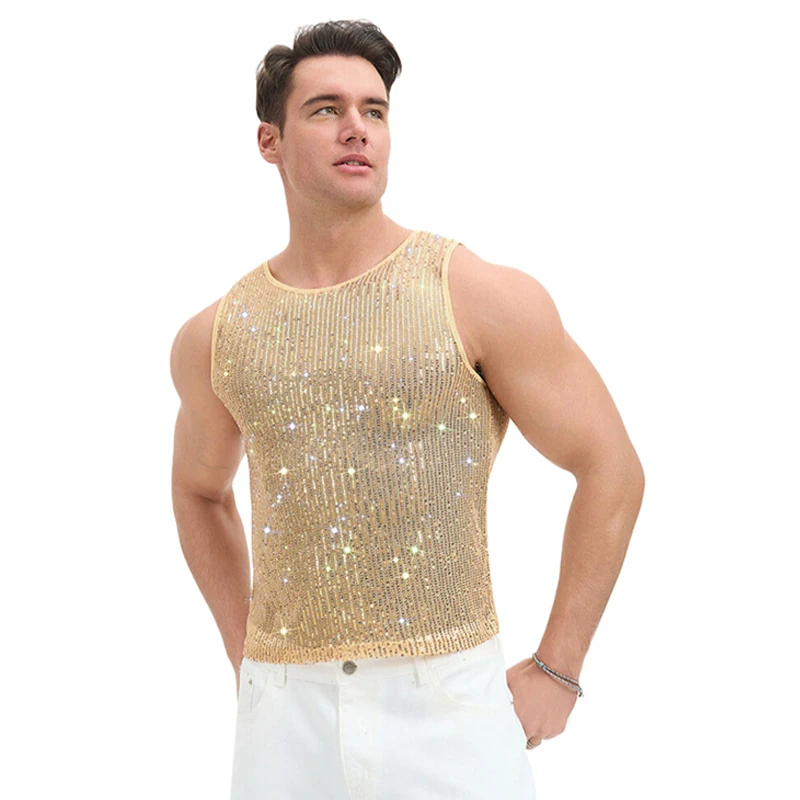Herren-Netz-Strass-Y2K-Tanktop, durchsichtig, glitzernd, Party-T-Shirt, Nachtclub, Musikfestival, Bühnenkostüm – Detail 4