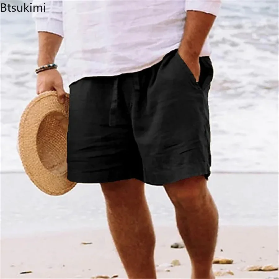 2024 Men\'s Summer Cotton Linen Shorts Drawstring Short Pants Male Breathable Solid Oversized Beach Shorts for Men Summer Pants