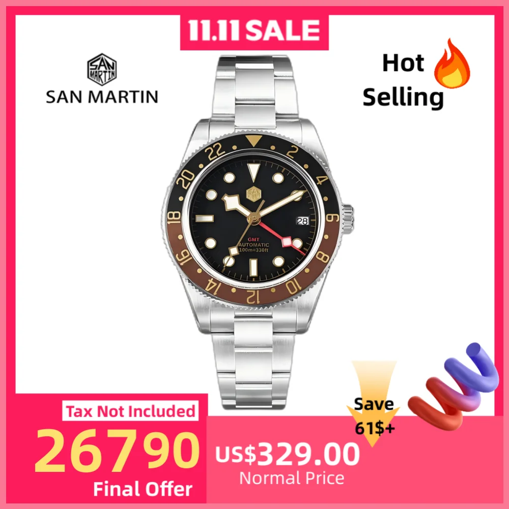 

San Martin 39mm NH34 Mechanical GMT Watch For Man Automatic Wristwatch 3H Date Waterproof 10Bar Reloj BGW9 Lume часы SN0109
