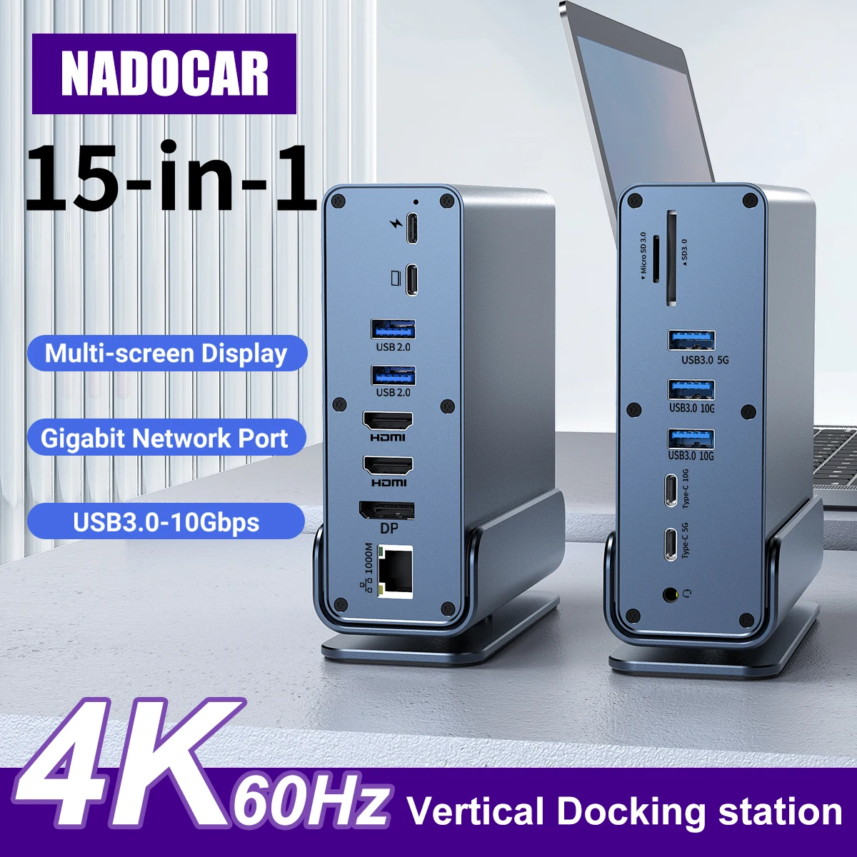 

15 In 1 USB-C Vertical Docking Station,Type-C 4K60Hz HUB With HDTV*2+PD 100W+USB 2.0/3.0+SD+TF+RJ45 Ethernet+3.5 mm Audio+VGA