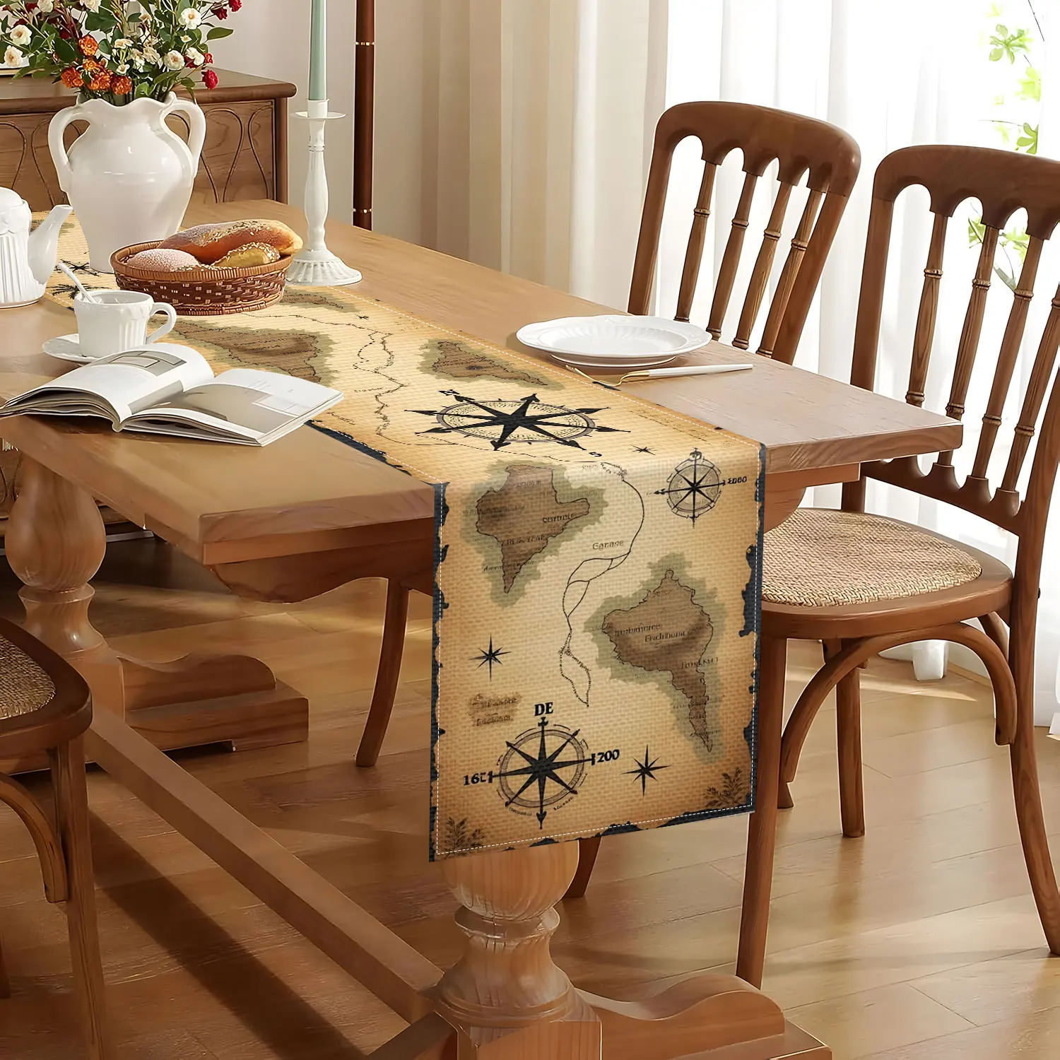 1 Piece of Pirate Map Table Runner with Compass and Island Pattern, Suitable for Pirate Theme Parties, Nautical Style Home Decoration, Adventure Theme Activities and Treasure Hunting Parties