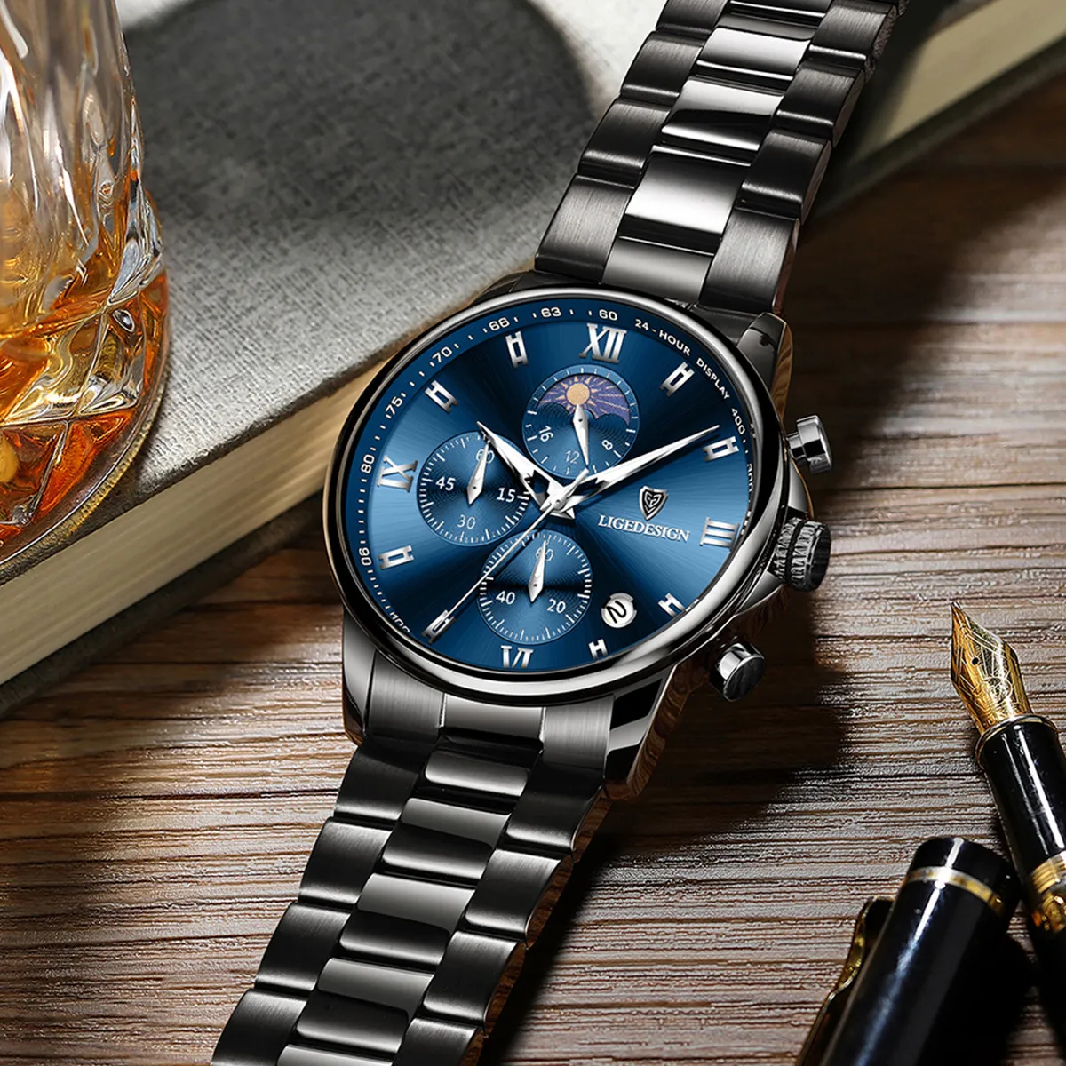 LIGE Orologio al quarzo da uomo di lusso Moda fasi lunari Orologi da uomo d'affari Orologio cronografo da uomo impermeabile in acciaio inossidabile