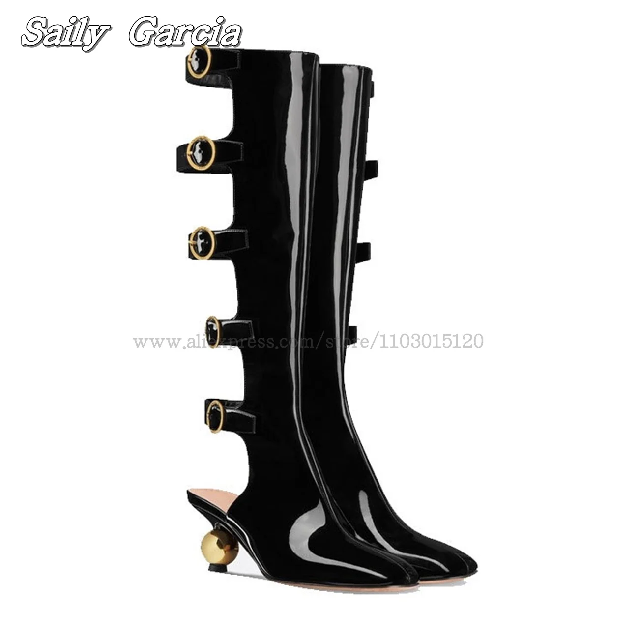 

Patent Leather Belt Buckle Strap Strange Heel Sandal Boots Pointed Toe Sexy Hollow Pumps Glossy Catwalk Style Modren Boots