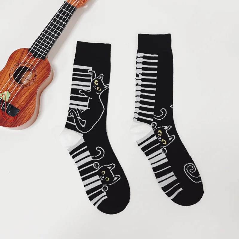 1 Pair Piano Cat Personalized Fashion AB style Men\'s Mid-Calf Socks Suit In All Seasons For Everyday