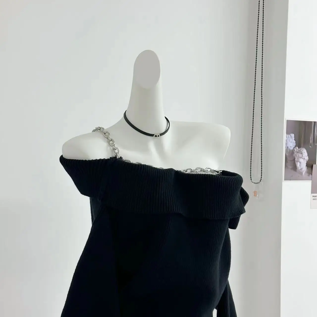 Y2K Sexy Off-the-shoulder Black Knit Sweater Autumn And Winter Loose Long-sleeved Vintage Asymmetrical Collar Women's Sweater