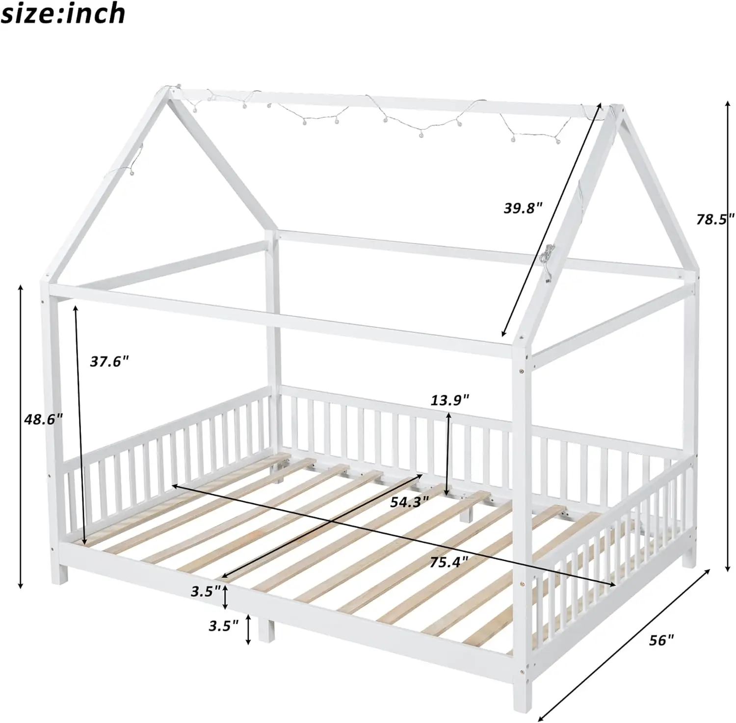 Tempat tidur rumah ukuran penuh untuk anak-anak, rangka tempat tidur Platform kayu dengan lampu dan pagar pembatas untuk remaja perempuan laki-laki, tanpa kotak musim semi diperlukan, putih