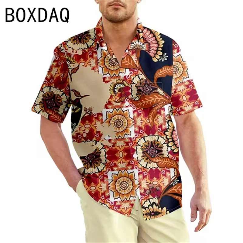 

Big Size Men Shirt Summer Short Sleeve Harajuku Casual Blouse Vintage 3D Paisley Indian Style Shirt Beach Boho Blouse Shirt