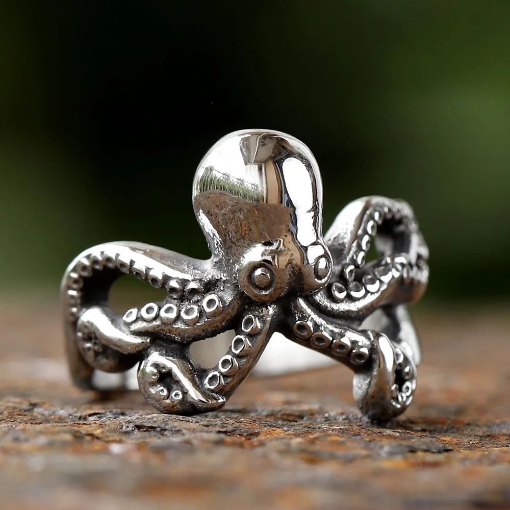 2024 New 316L Stainless Steel Vintage COOL Octopus Ring With Patterns Gothic For Men Women Punk Motorcycle Jewelry Party GIFT