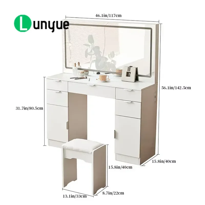 Modern LED Mirror Dresser Set with 3 Lighting Modes 5 Drawers 2 Cabinets Wooden Bedroom Furniture Vanity Table for Makeup