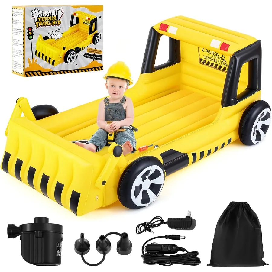 

Желтая надувная кровать-экскаватор с защитным бампером и встроенным воздушным насосом, портативная дорожная кровать для малышей, идеально подходит для Vaca