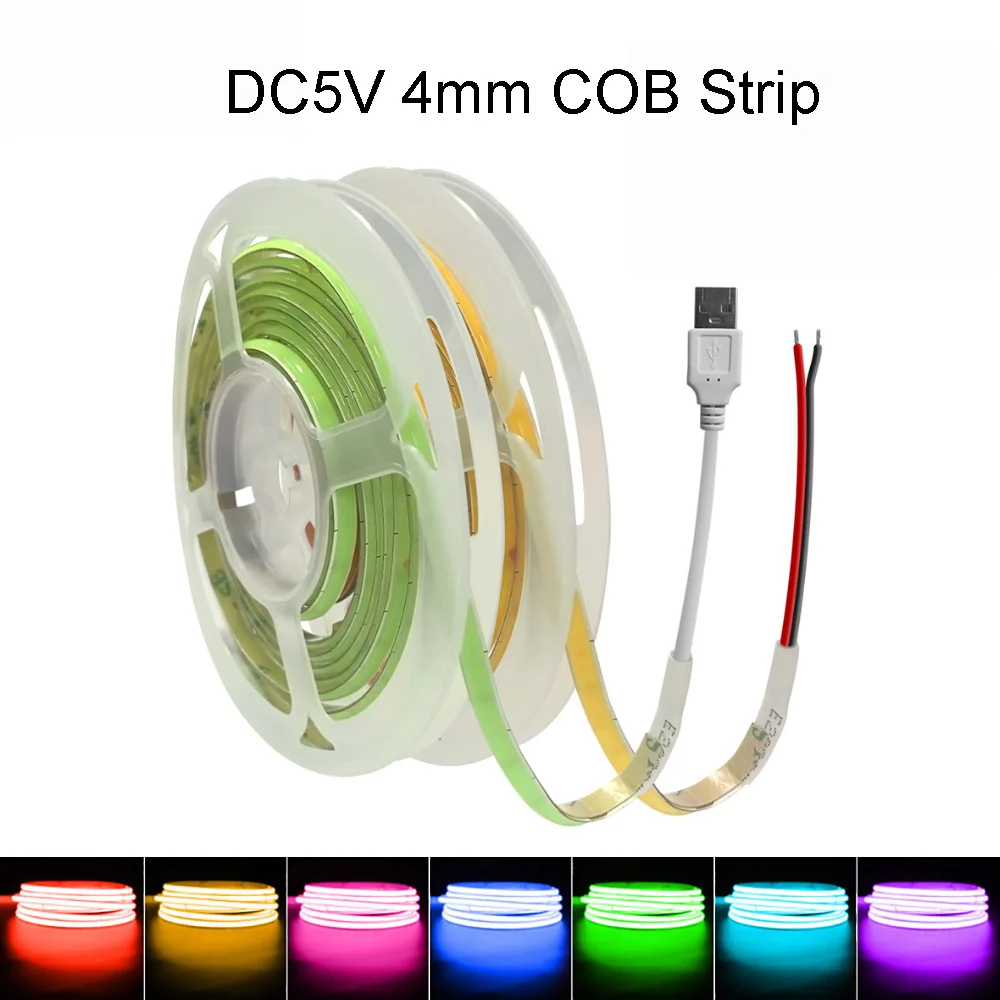 Narrow 4mm PCB DC5V COB LED Strip Light 320 Leds/m For PC Decor Cabinet Red Blue Green White LED Tape Ribbon Battery USB Powered