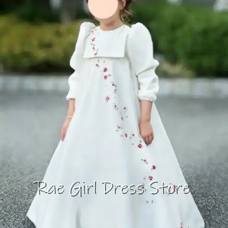 Customized White Satin Flower Girl Dress For Wedding First Communion A Line Floor Length Gown Long Puff Sleeves Red Floral