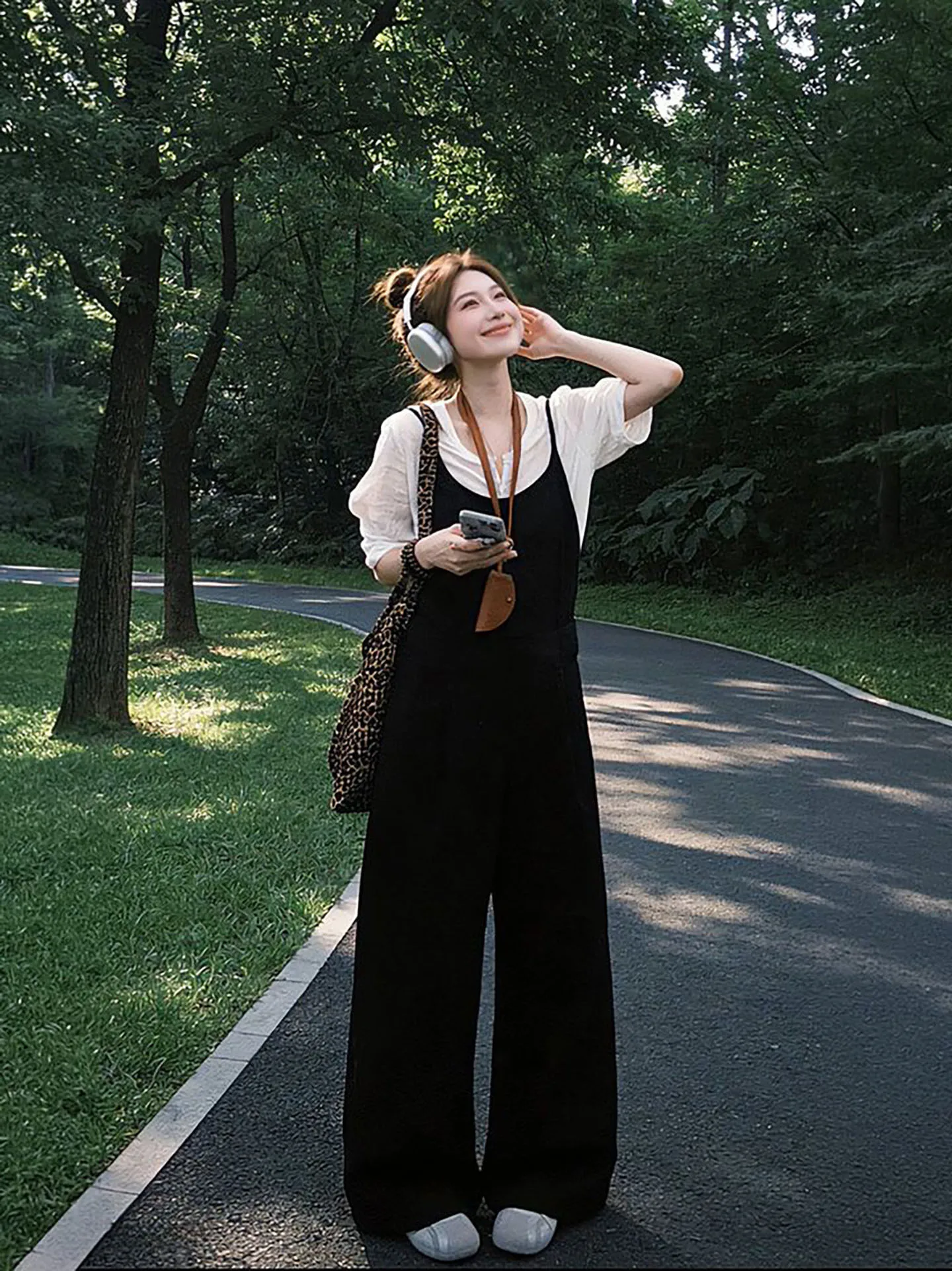 Summer Gentle Elegant White Shirt Top with Black Casual Overalls Two-Piece Set High Waist Wide Leg Pants V-Neck Short Sleeve