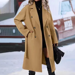 Elegant Lapel Collar Double Breasted Mid Long Wool Coat Winter Lace Up Solid Color Overcoat Thick Fleece Lined Coats Women