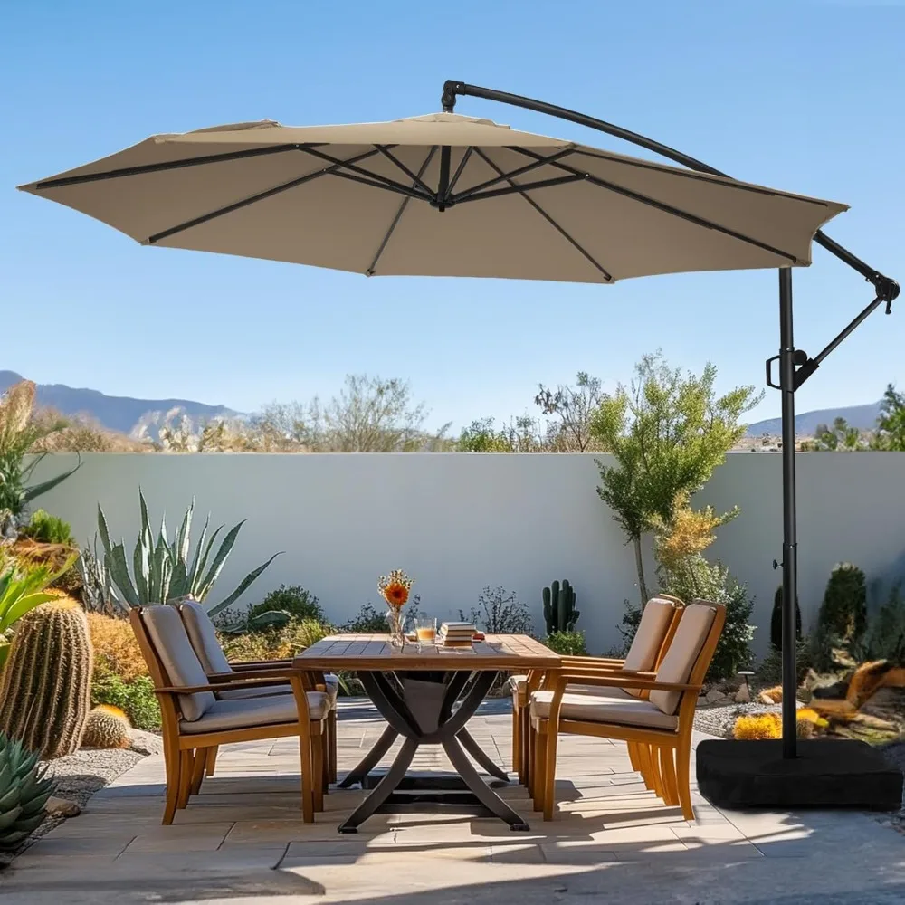 

10ft Patio Umbrella with Base Included, Outdoor Offset Cantilever Umbrella, Infinite Tilt, Crank and Cross Base, Tan