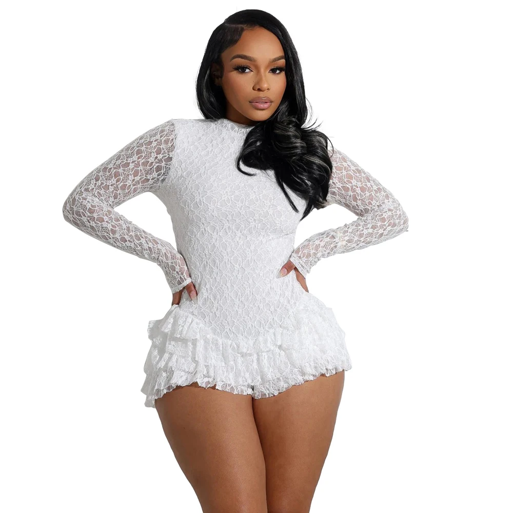 2025 neue Frauen Sexy Spitze Langarm Rüschen Strampler Ein Stück Nette Streetwear Kleidung Backless Geraffte Kurze Overalls Playsuits – Detail 3