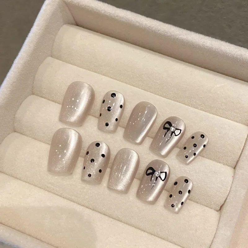 10pcs Handmade Butterfly Dot Long Short Fake Nail Woman Decorated False Nails for Girls Cute Square Presss on Nails Aesthetic