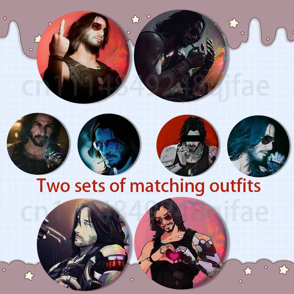 

Mechanical prosthetic Johnny Silverhand 2 piece set Pins Creativity Printed Pictures Text Metal Lapel Badges Brooches Jewelry