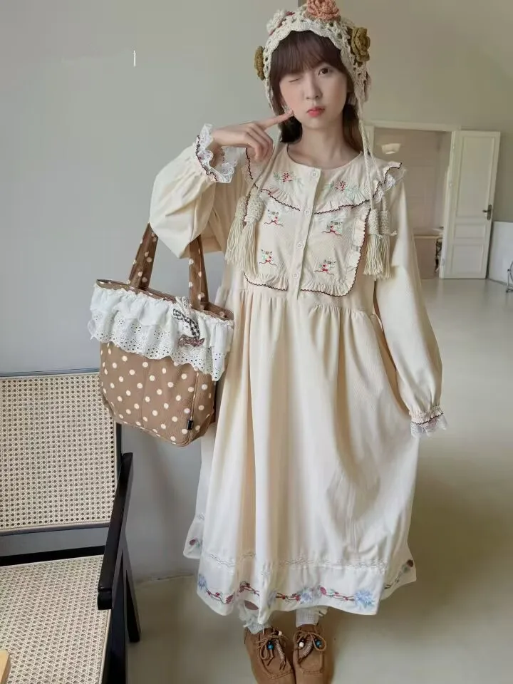

Japanese Mori Girl Lace Corduroy Fleece Kawaii Lolita Dresses Vintage Floral Embroidery Midi Dress