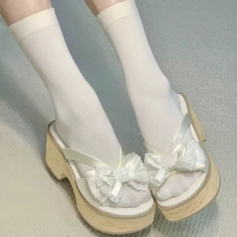 Sweet Bow Wood Grain Thick Bottom Platform Slippers Women Summer Japanese Cos Comfortable High Heeled Sandals view 2