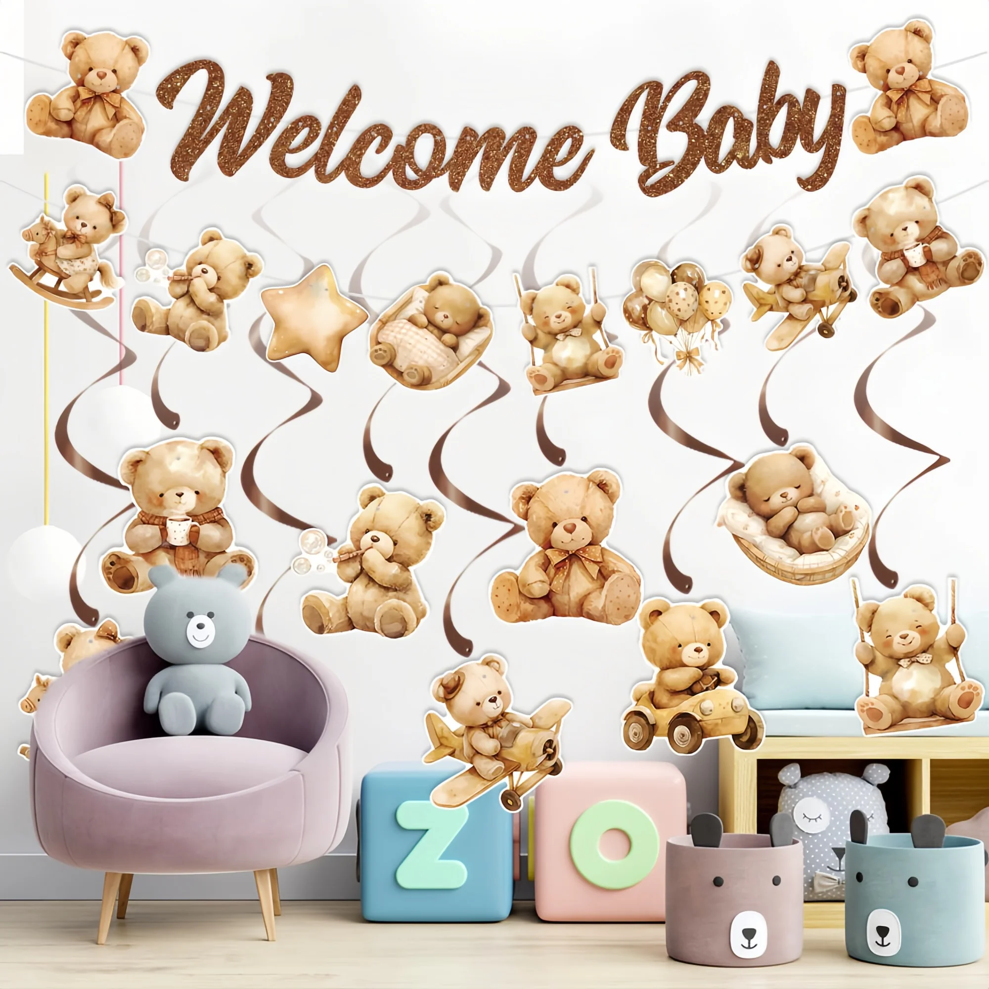 1 Stück/9 Stück/11 Stück Niedliche Bären-Karton-Geburtstagsbanner für Kinder Bären-Themen-Geburtstagsparty-Dekorationszubehör – Detail 2