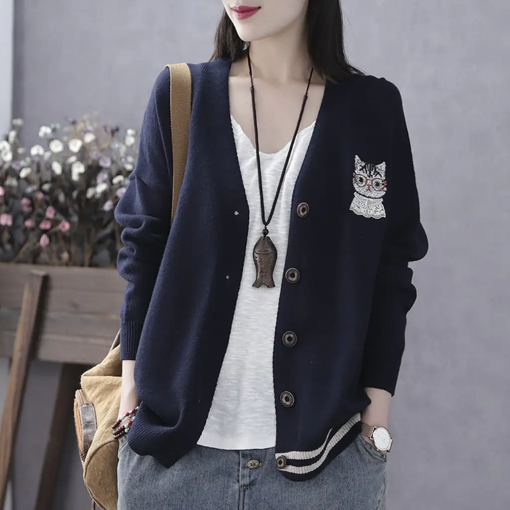

Women's V-Neck Cardigan Kitten Embroidered Thin Knitted Sweater Spring Autumn College Style Literary Fresh Sweet Jacket
