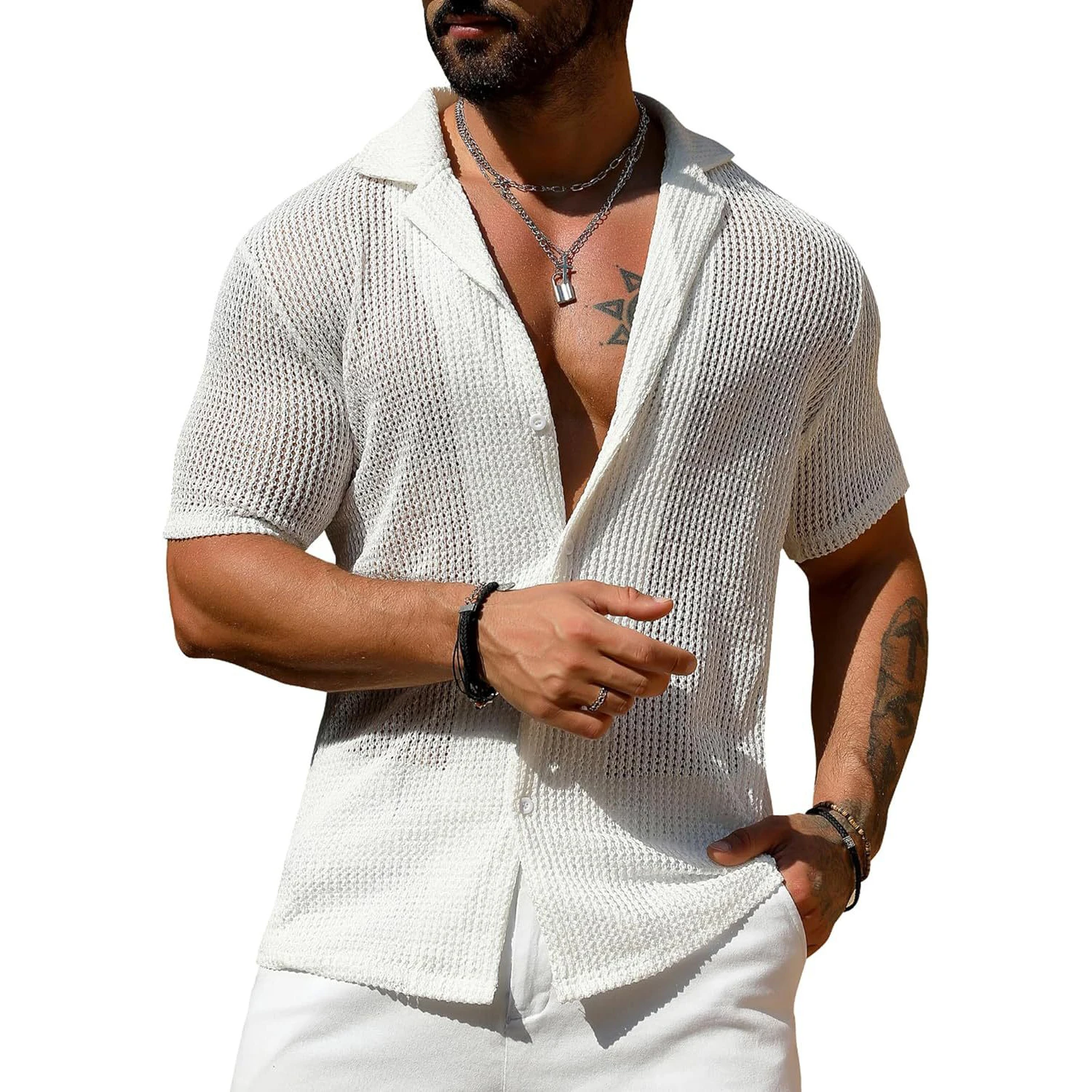 Camisa informal de manga corta para hombre, cárdigan transpirable de Color sólido, Top de punto, moda de verano, europeo y americano, novedad de 2024