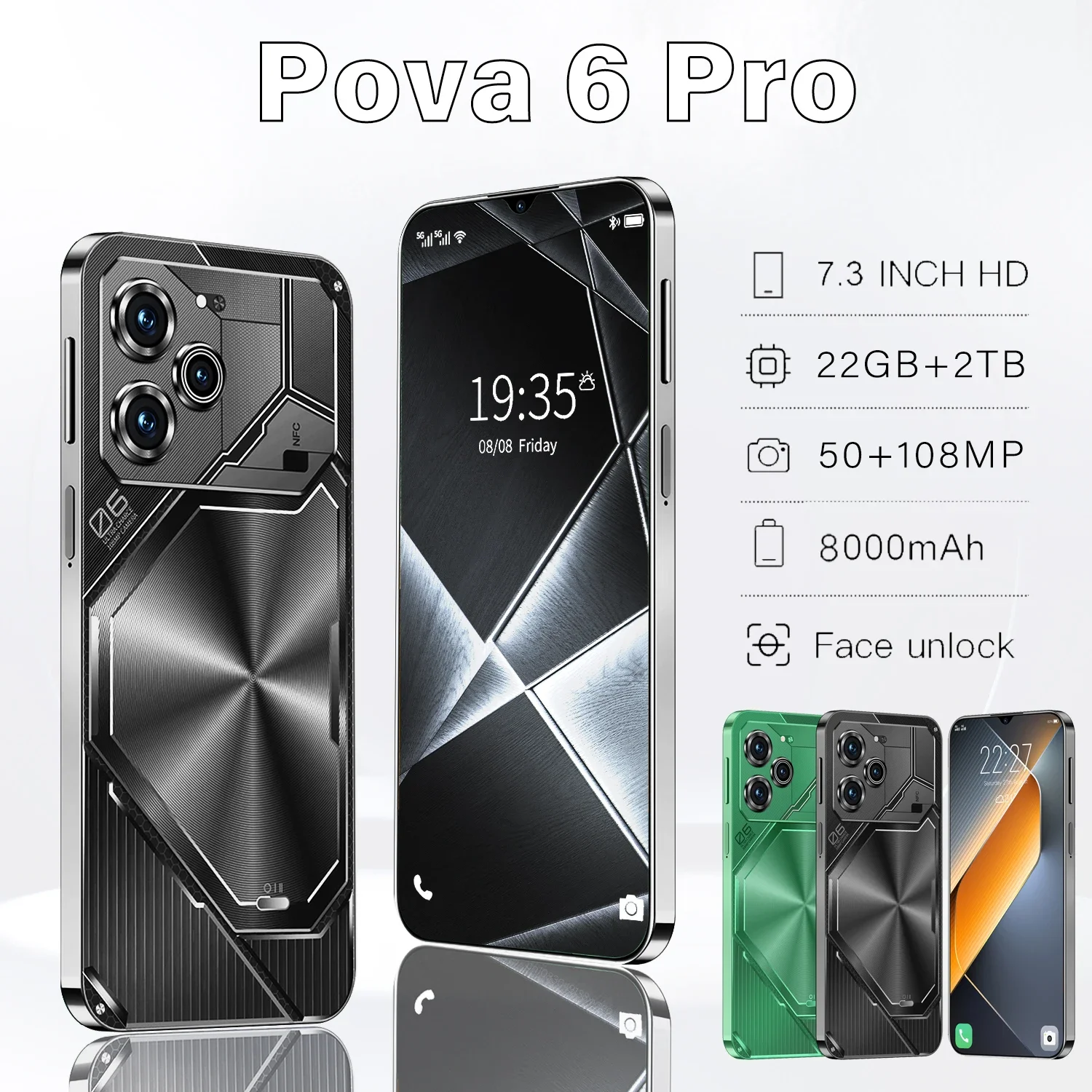 

Original Pova 6 Pro Smartphone 5G Dimensity9200 7.3-Inch HD 22GB+2TB Phone Dual-SIM E-SIM Mobile Phones 50+108MP Android 14 NFC