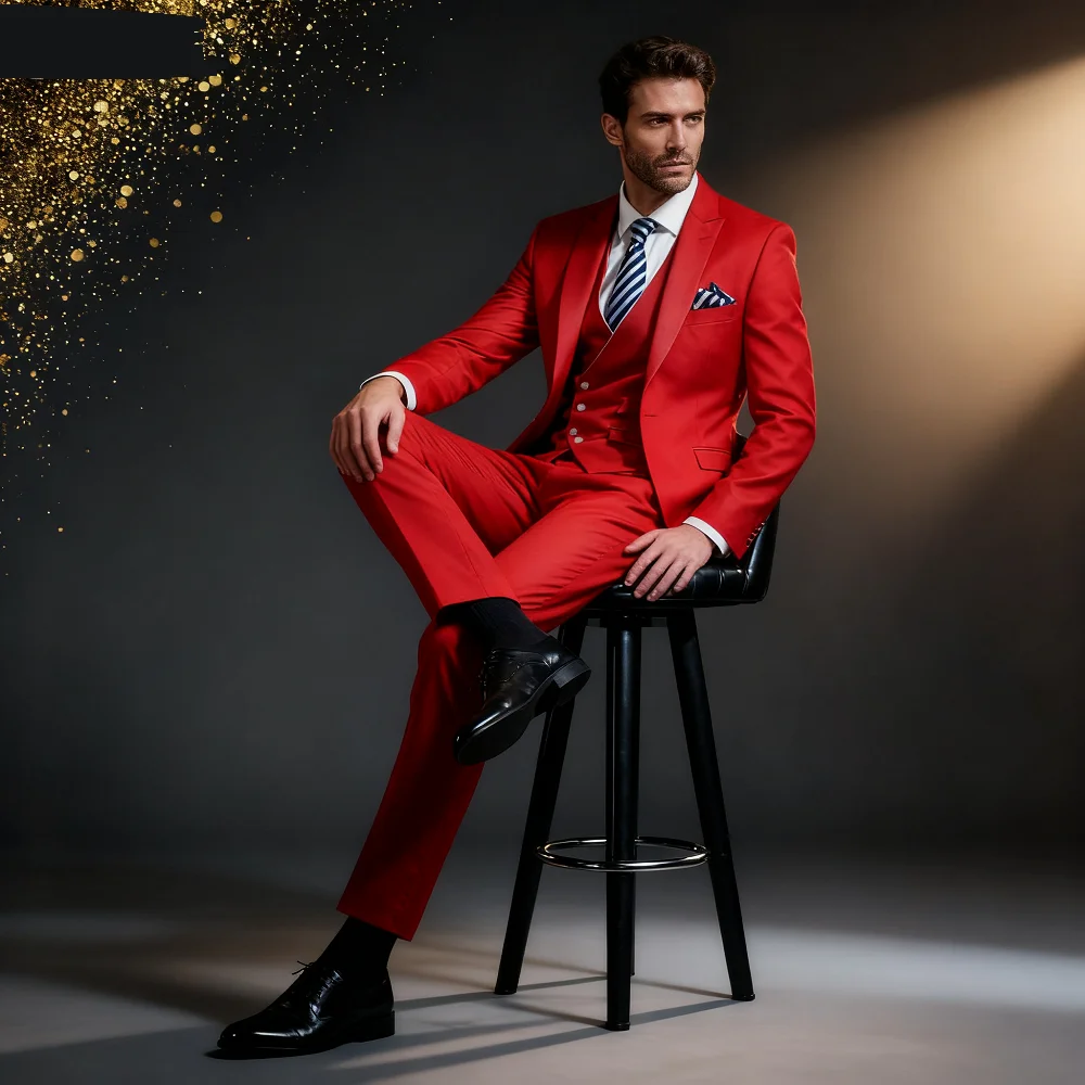 

Solid Color 3-Piece Men's Suit Fashionable New Formal Business Wedding Unique Button Lapel Tuxedo Vest Pants Set