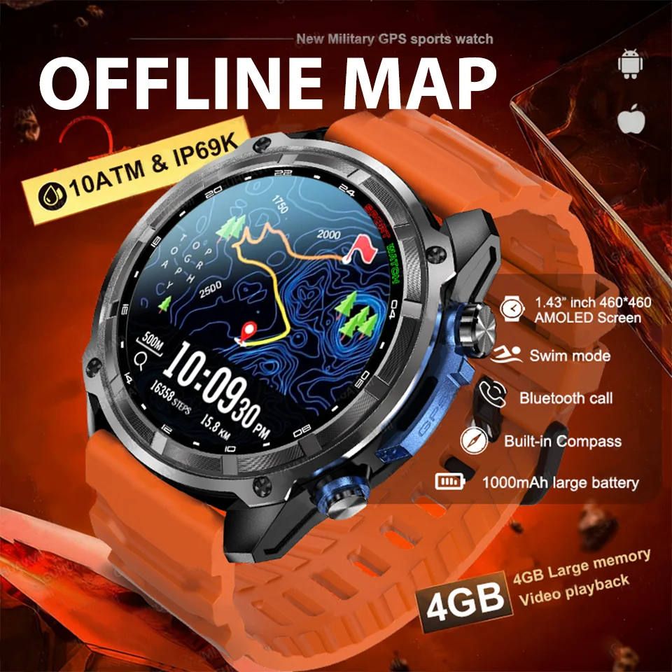 

Military Smart Watch GPS Track Compass Altimeter Bluetooth Call 860mAh Battery Sapphire Offline Map Men Outdoor Sport SmartWatch