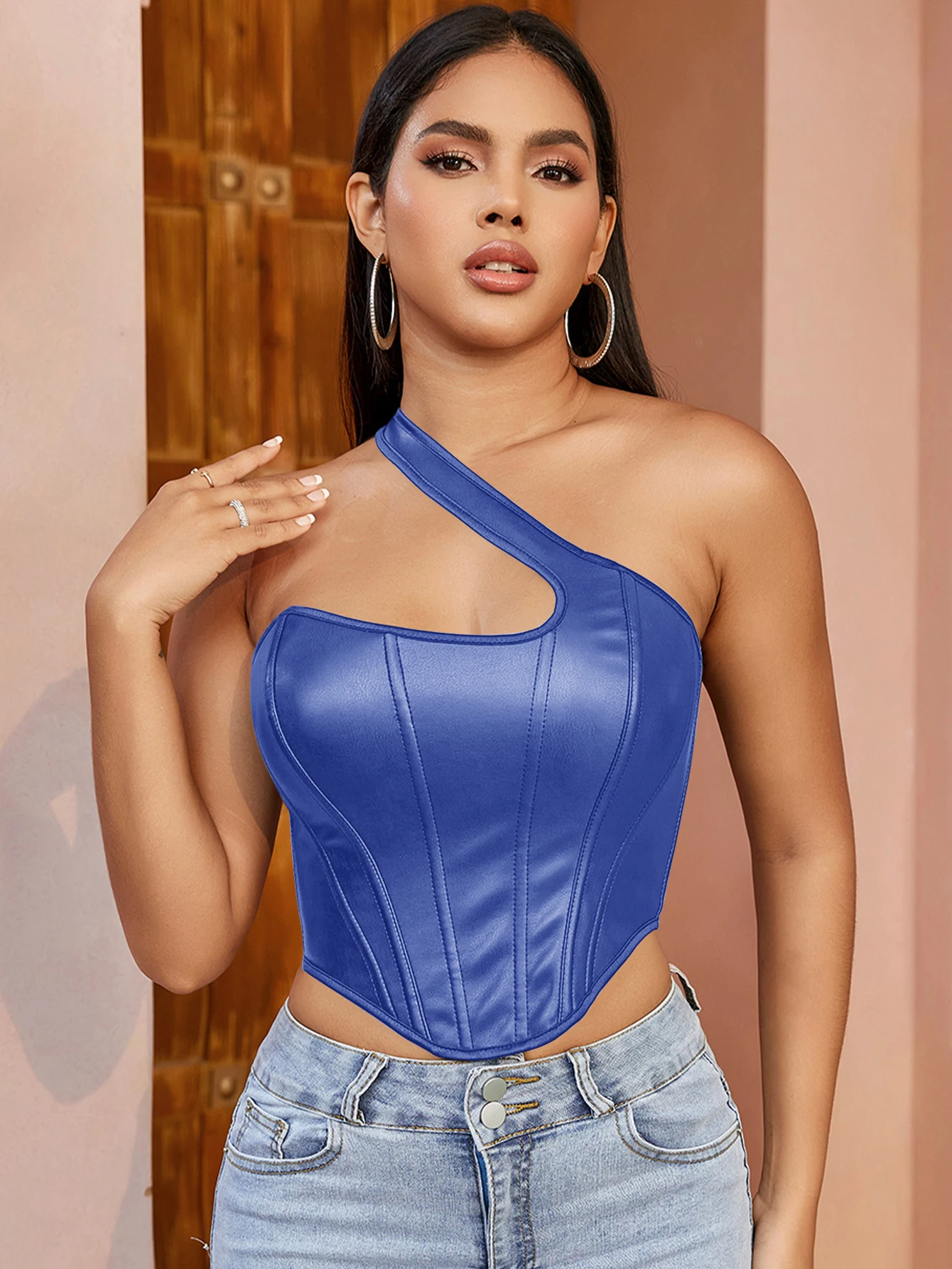 アシンメトリーレースアップバックレスコルセット、ソリッドフィッシュボーンディテール、PUレザークラブトップ、セクシーレイブ、ワンショルダー、ファッション、2023