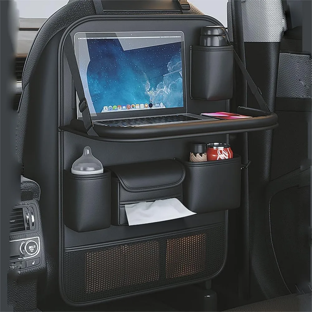 

2 Pack PU Leather Car Seat Back Organizer with Foldable Tray Table, Tablet Holder, Cup Holder, Kick Mat for SUV Sedan Minivan