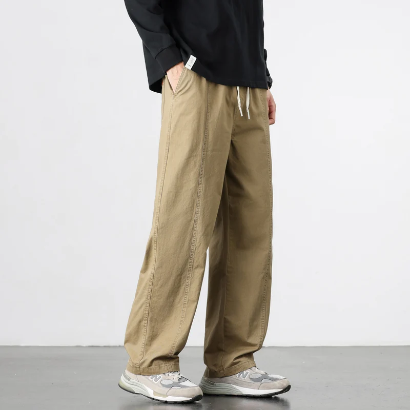 

Мужские повседневные брюки из чистого хлопка, весна 2026, свободные прямые брюки-карго с эластичной резинкой на талии, мужская рабочая одежда в американском стиле, брюки