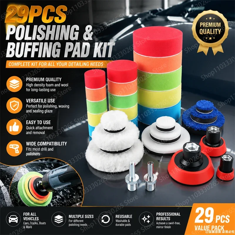 

29Pcs Car Foam Wool Polishing Buffing Pad Kit, Drill Attachment Sponge Pads Set for Auto Waxing Buffing Sealing Glaze Detailing
