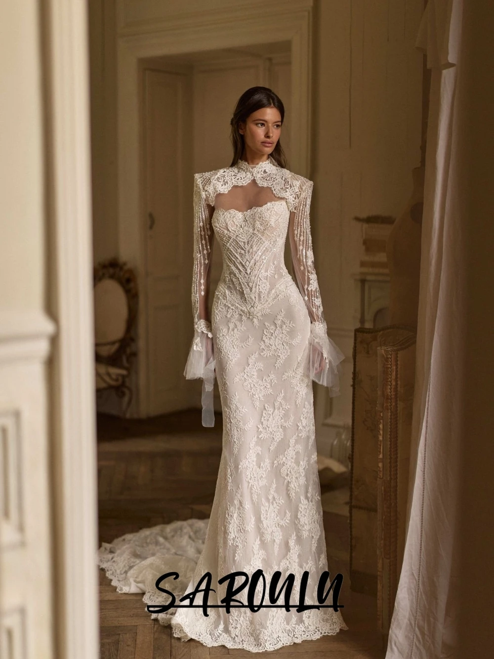 

Delicate Appliques Pearls Wedding Dress Two Pieces Mermaid Customized Bridal Gown Romantic New Arrival Flare Sleeves Bride Wear