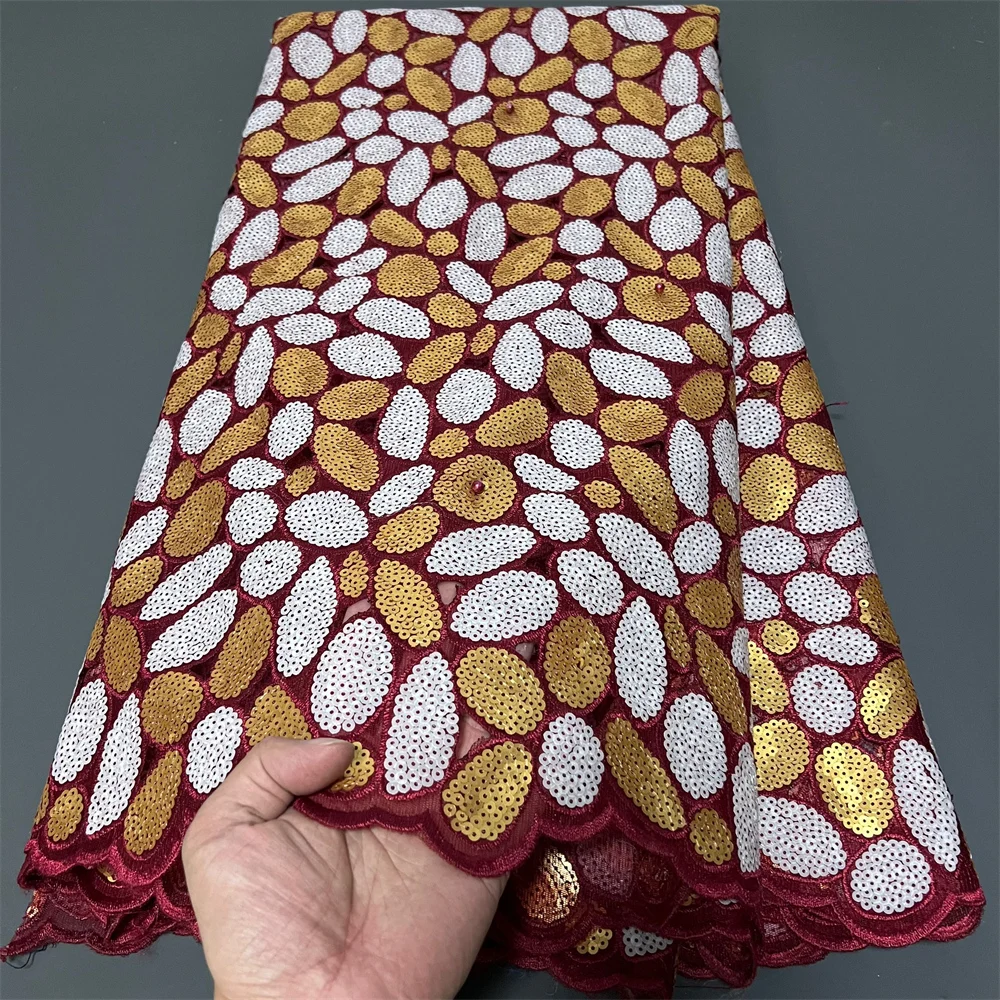 

2025 African Nigerian Tulle Lace Fabric for Dress Sewing High Quality Damask Cotton Pure Embroidery Wedding Party 5Yard ZJ080