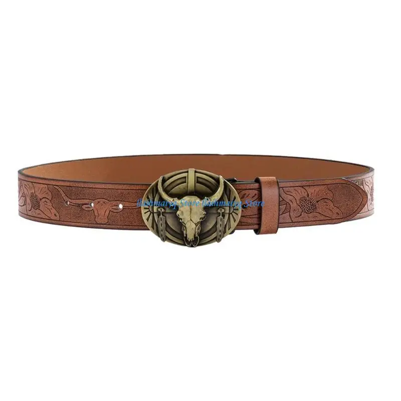 

573B Ethnic Buckle PU Belt for Men Women Vintage Wide Belts Engraved Cowboy Belt