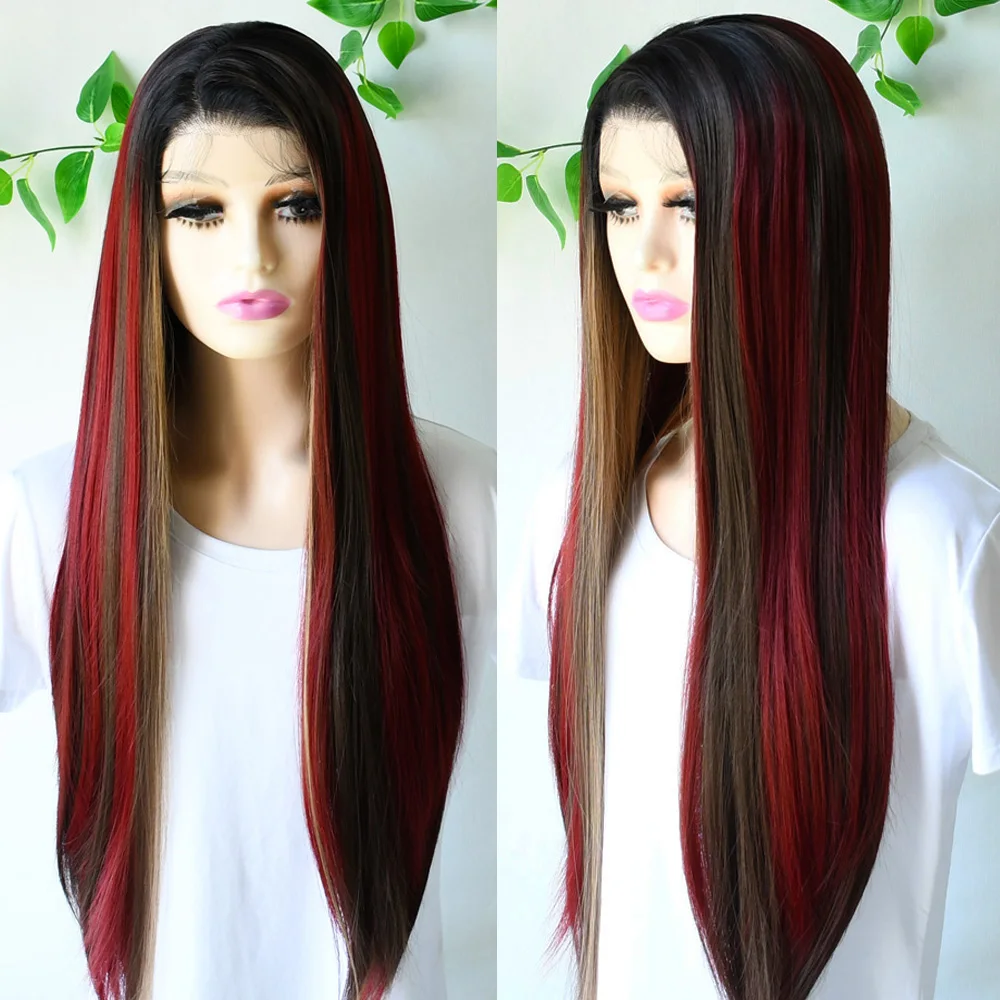 30 Inch Black Blonde Red Wig Highlight 13x4 HD Transparent Bone Straight Lace Front Wig Synthetic Lace Front Wig Cosplay