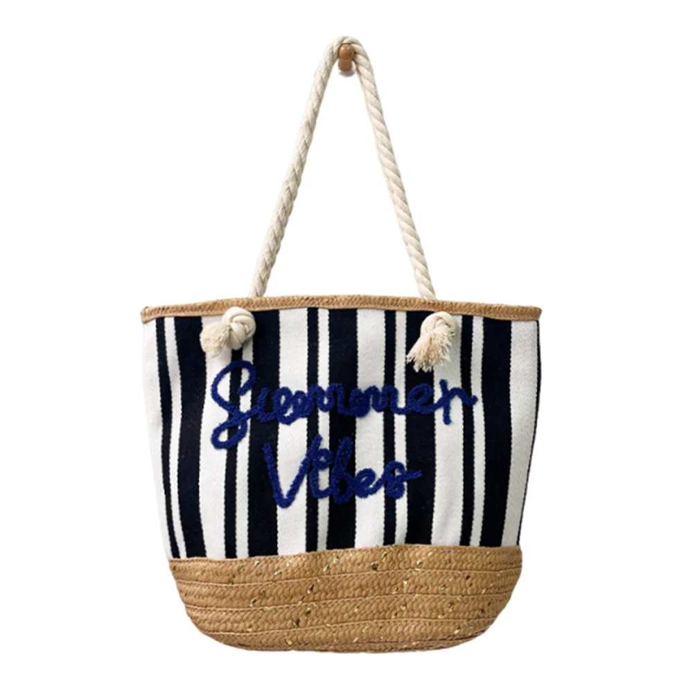 

Spacious Stripes Straw Woven Handbag Letter Embroidery Soft Beach Weave Tote Bag Fashion Casual Simple Shopping Bag Summer